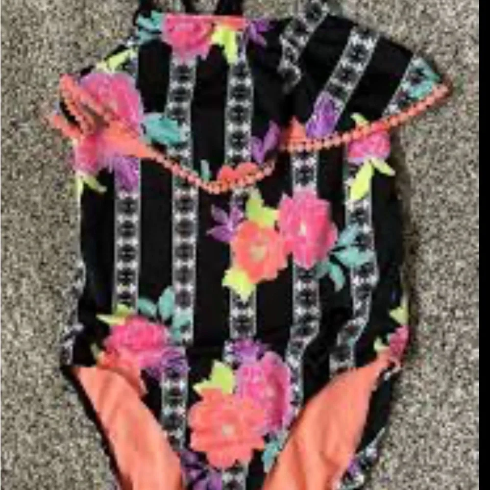 Wonder Nation girls XL/XG (14-16) Floral Striped Swimsuit with Pom Pom Trim